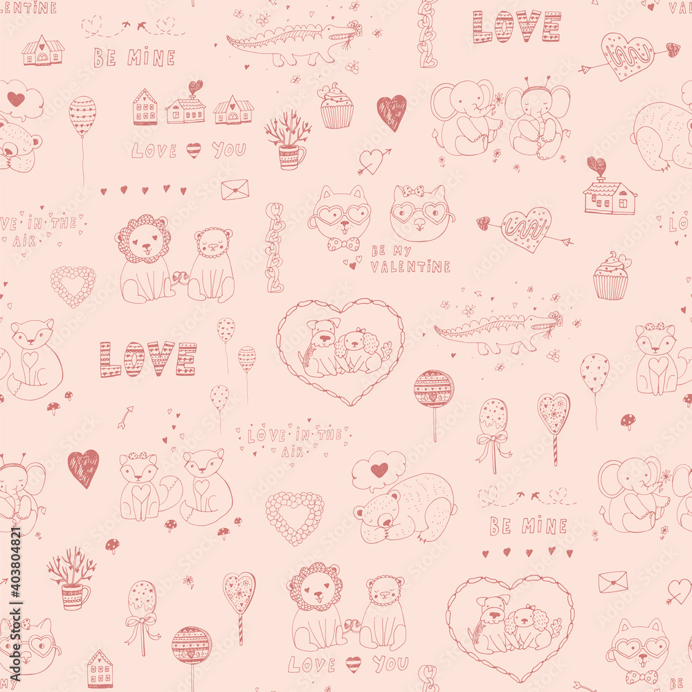 Valentine's day animals couples and hearts, cars, love graphic elements hand drawn seamless vector pattern