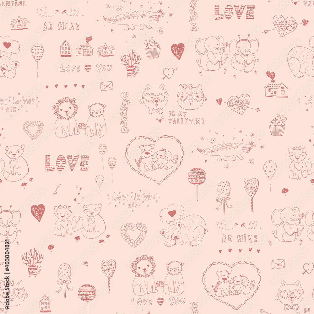Valentine's day animals couples and hearts, cars, love graphic elements hand drawn seamless vector pattern Valentine's day animals couples and hearts, cars, love graphic elements hand drawn seamless vector pattern
