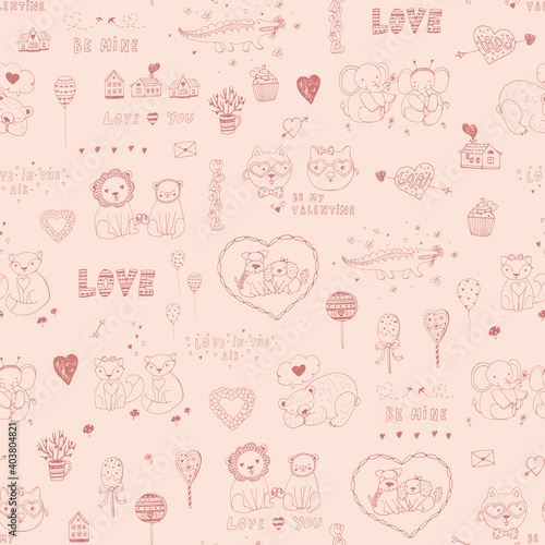 Valentine's day animals couples and hearts, cars, love graphic elements hand drawn seamless vector pattern