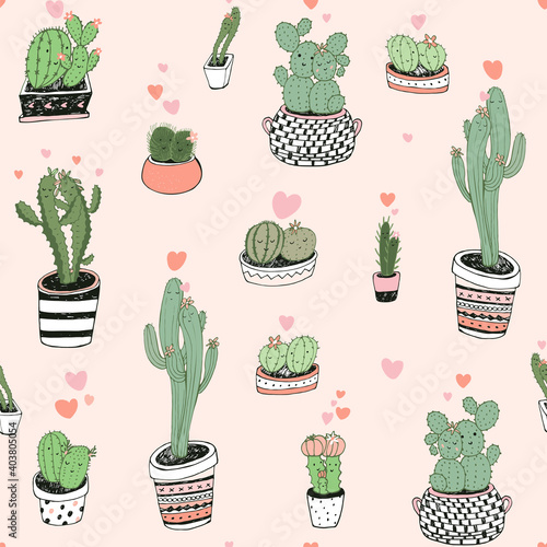 Valentine's day cacti in love hand drawn seamless vector pattern