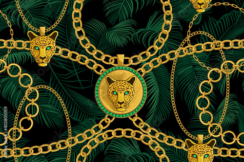 ..Gold chains and pendants with a leopard head on the background of tropical palm leaves.  Seamless Baroque vector pattern.