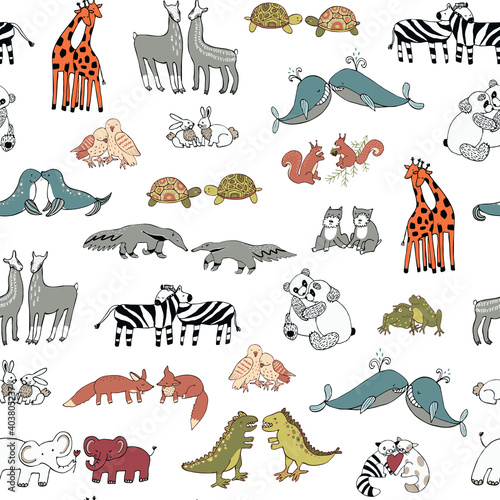 Valentine s day animals couples hand drawn seamless vector pattern