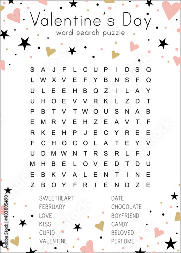 Valentine's Day word search puzzle.  Educational game for children. Party card. Printable worksheet for learning English.