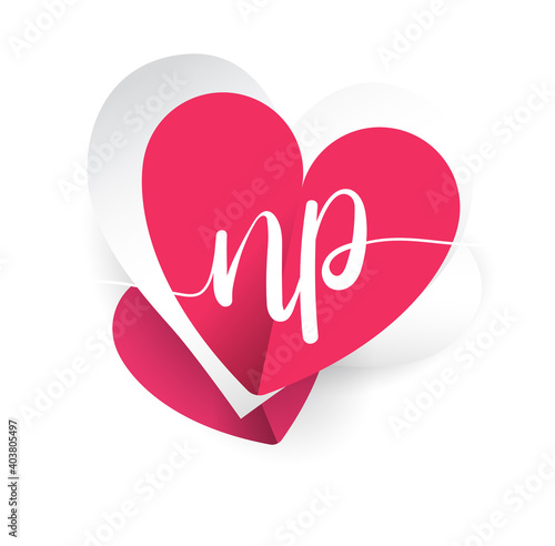initial logo letter NP with heart shape red colored, logo design for wedding invitation, wedding name and business name.