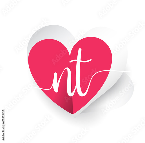 initial logo letter NT with heart shape red colored, logo design for wedding invitation, wedding name and business name.