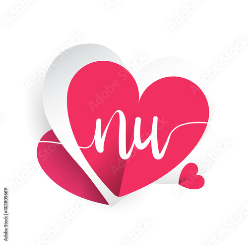 initial logo letter NU with heart shape red colored, logo design for wedding invitation, wedding name and business name.