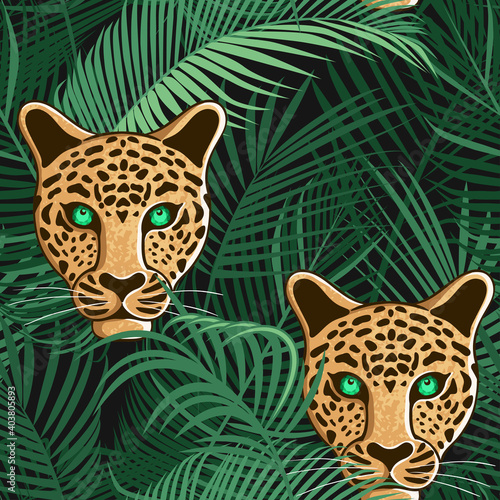  Leopard in palm leaves..Vector seamless pattern.  Hand drawn jungle texture. Wildlife illustration.