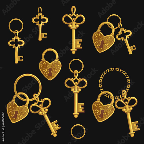 ..Set of various golden keys and locks of love. Vector illustration. Vintage wedding objects.