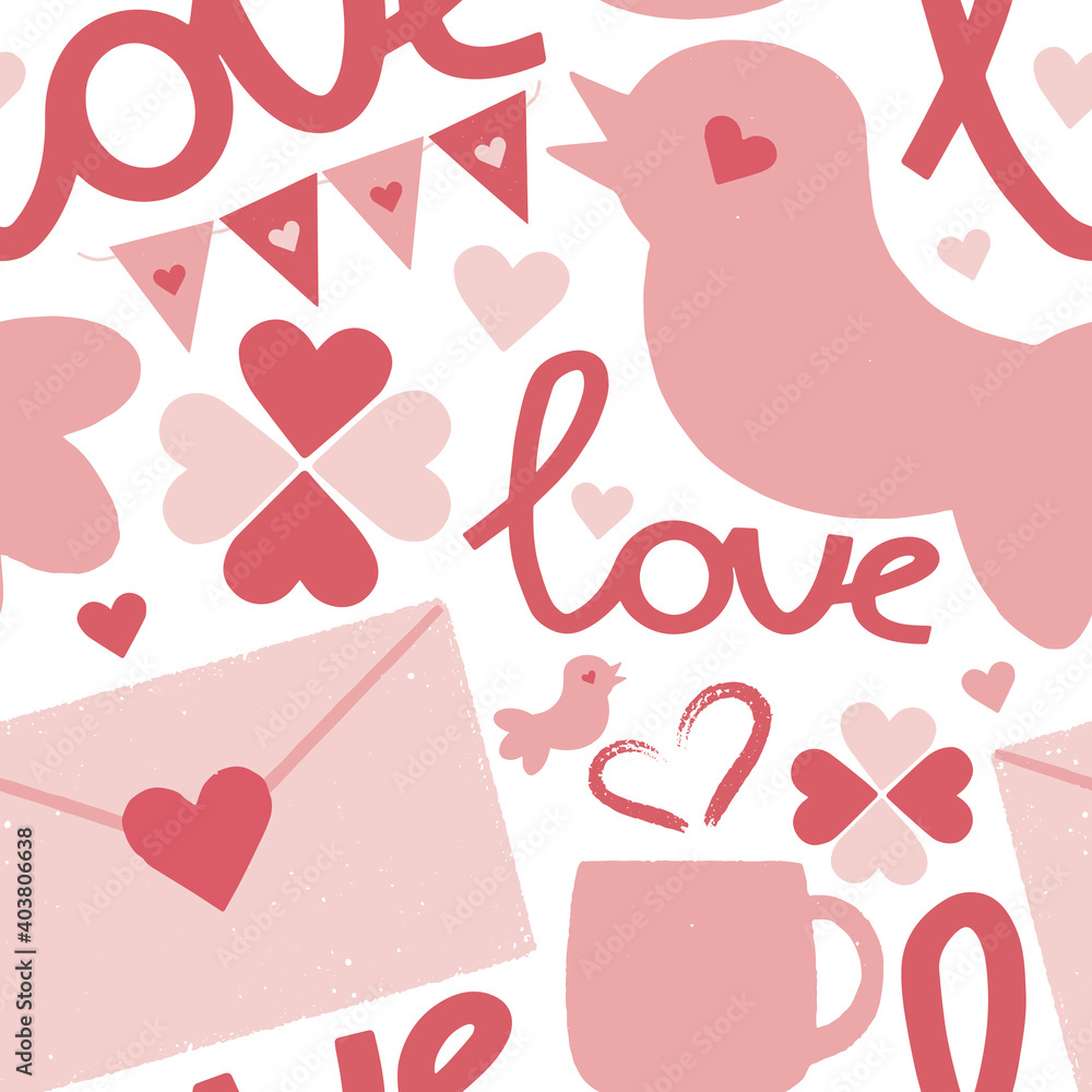 St Valentines Day vector pattern. Romantic pink hearts, cup of hot drink, envelope. For card, design, print or background. Romantic symbols.