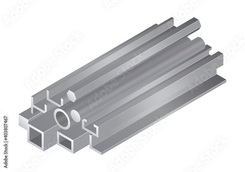 Isometric vector illustration different metal profile and tubes isolated on white background. Stack of steel beam tubes and pipes vector icon in flat cartoon style. Steel construction materials.