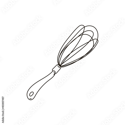 Cute doodle wire whisk. Outline vector stock illustration isolated on white background. Hand draw style for kitchen utensils, home elements item for design.