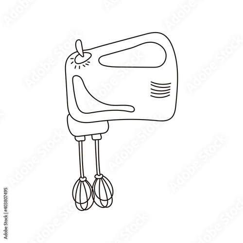Cute doodle hand mixer for cooking. Outline vector stock illustration isolated on white background. Hand draw style for kitchen utensils, home elements item for design.