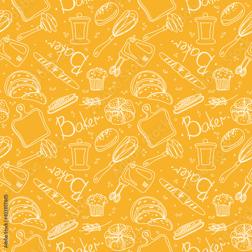 Seamless pattern of baking and cooking tools stock illustration in doodle sketch style. Design for background, fabric, wrapping paper, textile, wallpaper etc.