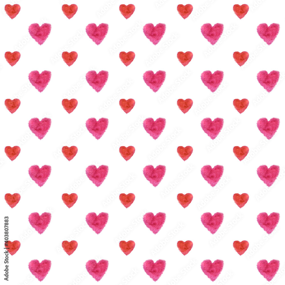 Watercolor hearts seamless background. Pink and red watercolor heart pattern. Colorful watercolor romantic texture.