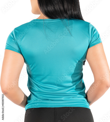 woman in cyan t shirt, isolated on white.