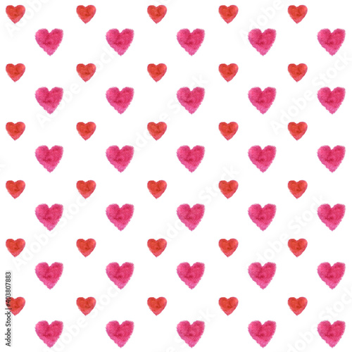 Watercolor hearts seamless background. Pink and red watercolor heart pattern. Colorful watercolor romantic texture.