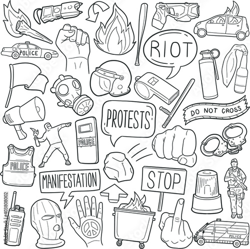 Riot Protest doodle icon set. Police and Cops Manifestation Style Vector illustration collection. Banner Hand drawn Line art style.