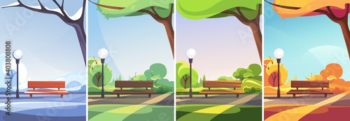 Park in different times of year. Non-urban scenes in vertical orientation.
