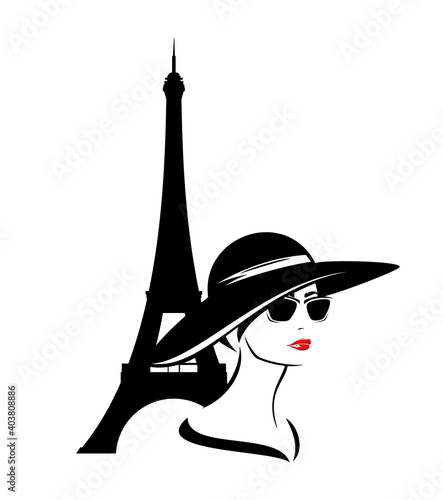 beautiful elegant woman wearing sunglasses and wide brimmed hat with eiffel tower behind - fashion girl travel in Paris vector portrait