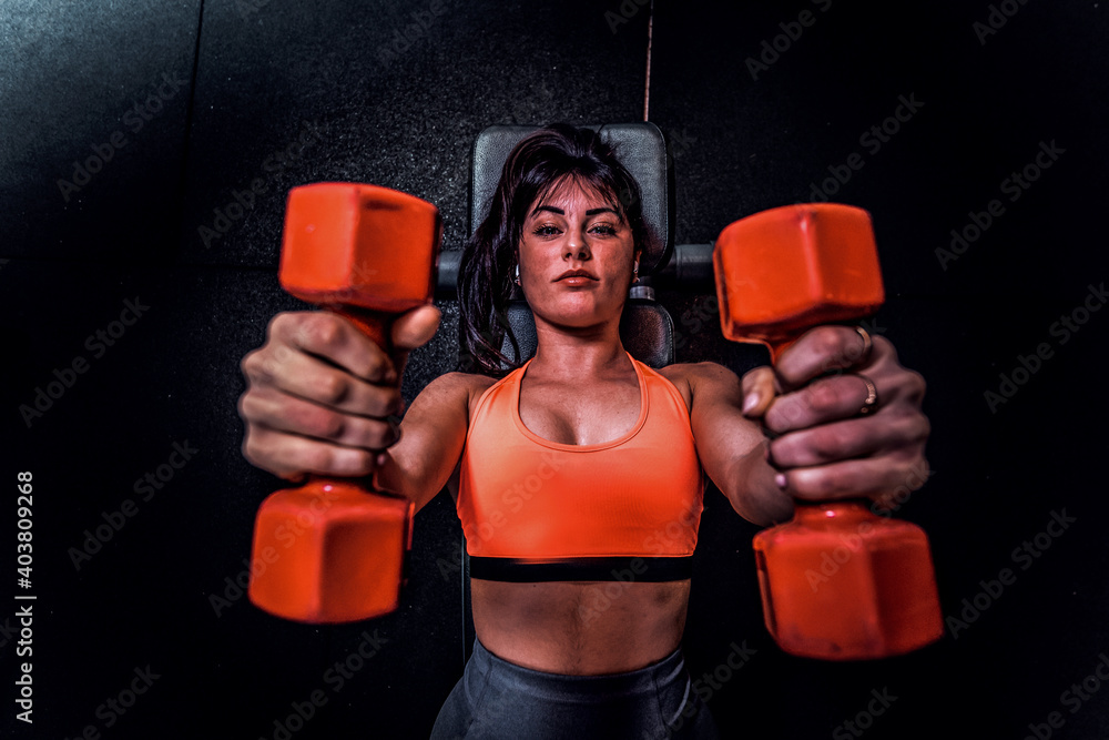Beautiful woman lifting weights at gym - Young girl doing fitness exercise - Concept about people and sport.