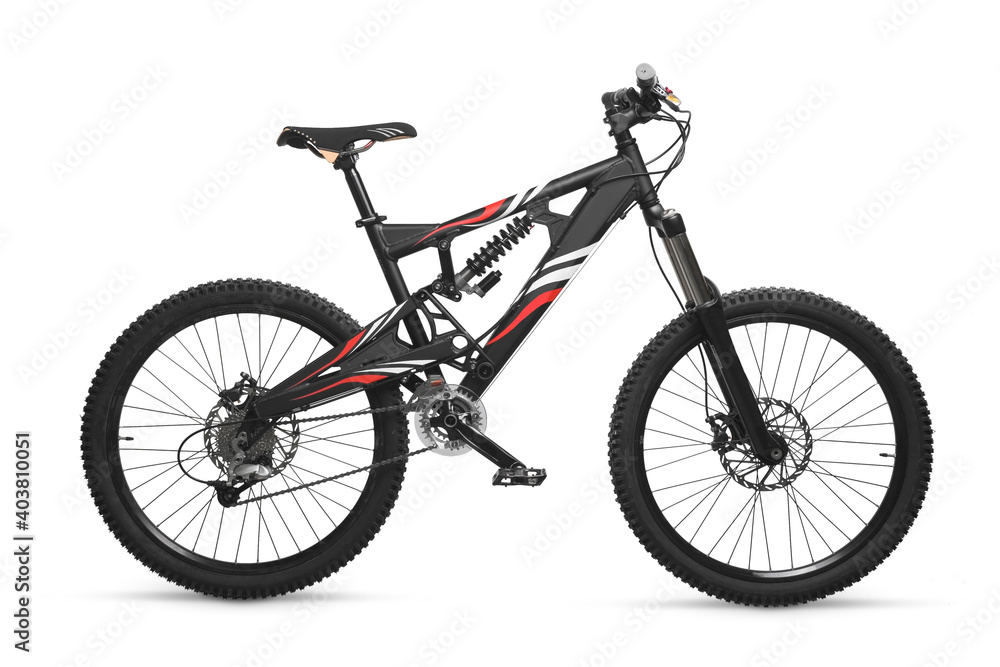 Dual Suspension Black Down Hill Mountain Bike With white and red  decal isolated on white.