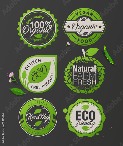 Organic food labels and badges. Organic element for food and drink. Organic product, shop, restaurant, vegan cafe, vegetarian restaurant, logo label, ecology, gluten free food. Natural organic food