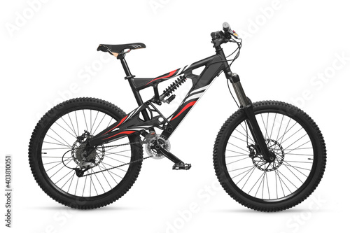 Dual Suspension Black Down Hill Mountain Bike With white and red decal isolated on white.