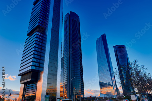 Madrid skyscraper at sunset with blue sky in winter season