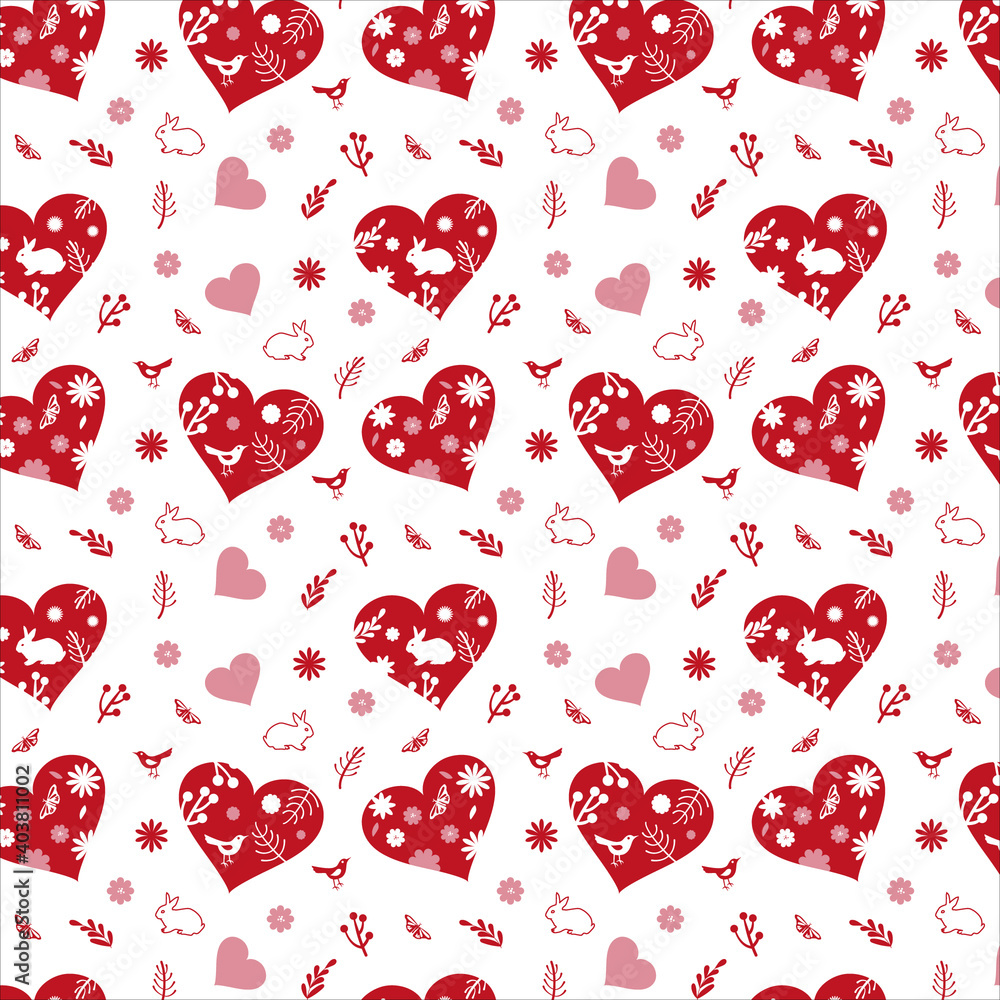 Potted with a heart in red flowers, hare, butterflies Potted with a heart in red flowers, hare, butterflies