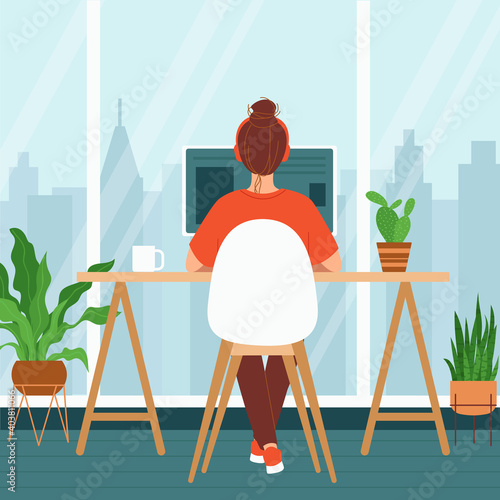 Young woman is sitting at a computer in a room with a large window. Concept of remote work, freelancing, teaching, e-learning, from home office, workplace with indoor plants. Cozy vector illustration 