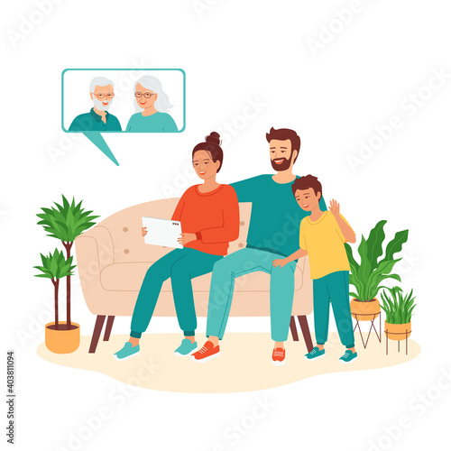 Family with a child is talking on a video call with their grandmother and grandfather. Concept of remote family meetings with elderly parents using a tablet. Cute vector illustration isolated on white