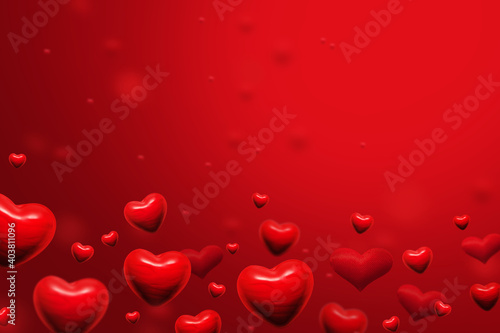 red hearts abstract background for valentines day greeting card or festive wallpaper. Copy space for text in the upper half of the image. 3D illustration