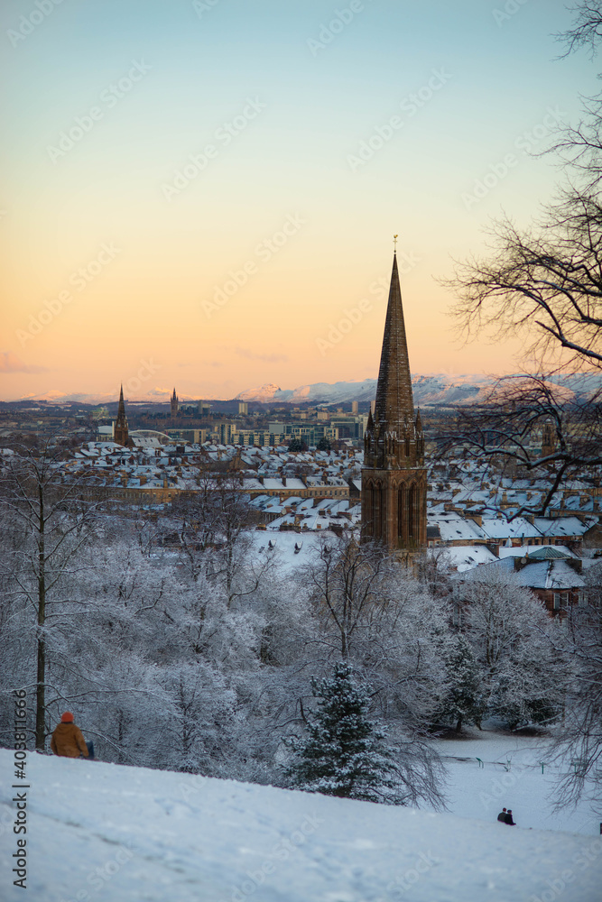 Snow at Sunrise in Glasgow Scotland on a Clear Winter Day