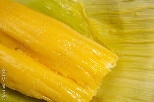 Pamonha - comida típica brasileira; Uma pamonha com a palha do milho, dentro de um prato branco. photo