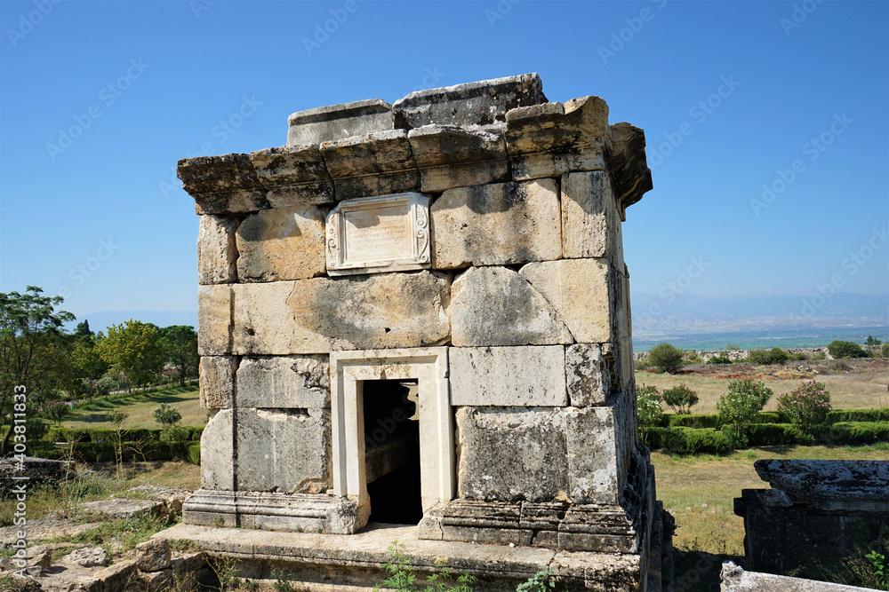 Mausoleum tomb in the Necropolis, the ruins of the ancient Greece city, Hierapolis, in Denizli, Turkey