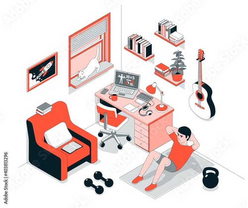 Home Workout - abs exercise. Crunch in work room. limited colors. Vector isometric illustration.
