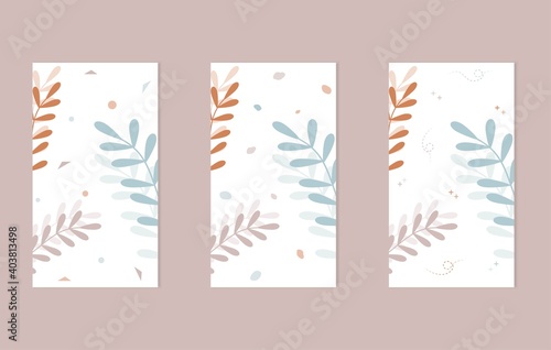 Set of card templates with floral pattern. Collection of vertical banners in muted tones. Floral backgrounds in minimal style. Design templates for social media stories. Flat vector illustration.
