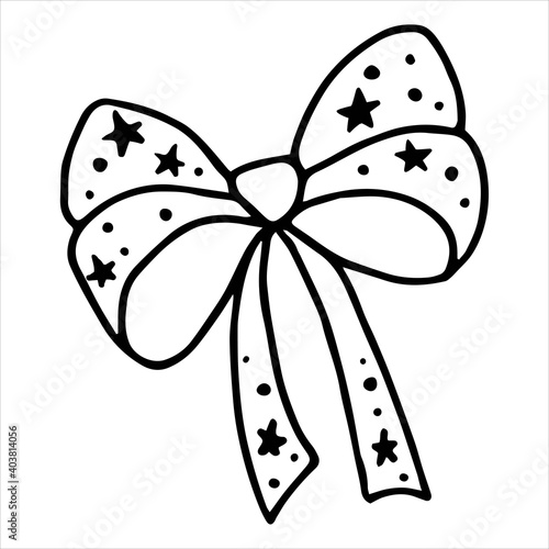 Bow with a print of stars and dots. Christmas decoration. Vector outline drawn illustration in doodle style.