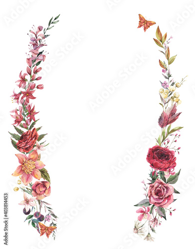 Summer frane template. Vintage flowers greeting card. Watercolor floral wreath illustration,
