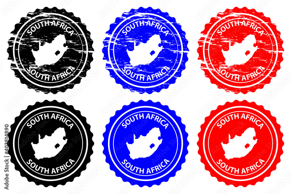 South Africa - rubber stamp - vector, Republic of South Africa (RSA) map pattern - sticker - black, blue and red