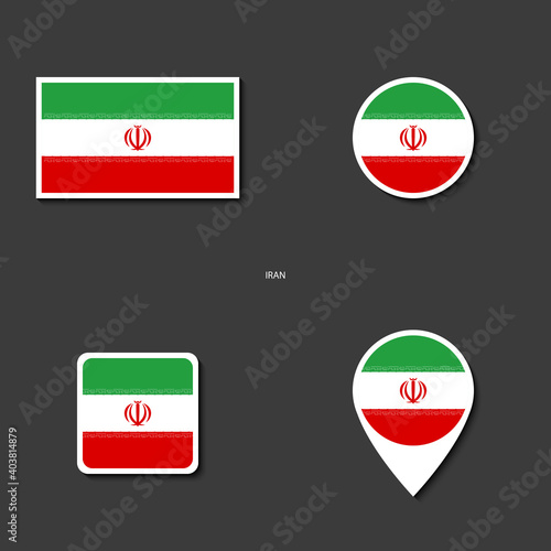 Iran flag icon set in different shape (rectangle, circle, square and marker icon) on dark grey background. Iran flag icon collection on barely dark background
