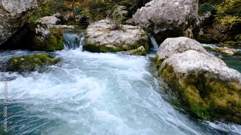 Wild Mountain River Close Up Abundant Clear Stream. Wild Mountain River Close Up Abundant Clear Stream.