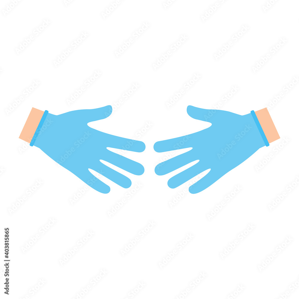 Hands with protective blue latex gloves. Protection symbol against viruses and bacteria. Medical concept vector illustration isolated on white background. Hands with protective blue latex gloves. Protection symbol against viruses and bacteria. Medical concept vector illustration isolated on white background.