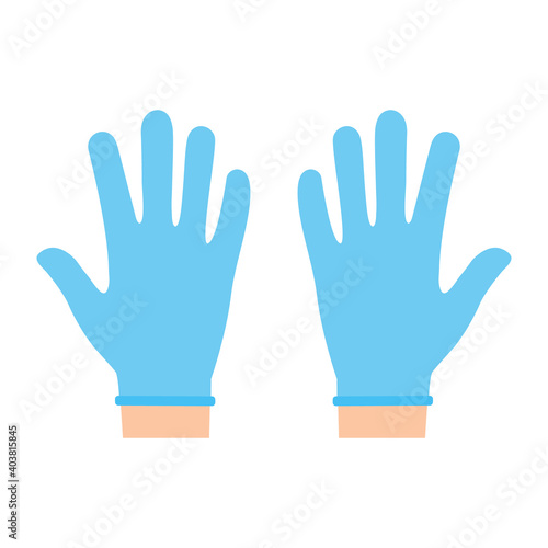 Hands with protective blue latex gloves. Protection symbol against viruses and bacteria. Medical concept vector illustration isolated on white background.