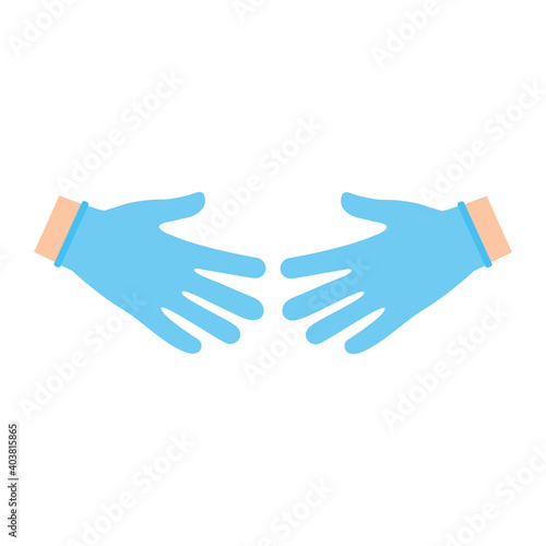 Hands with protective blue latex gloves. Protection symbol against viruses and bacteria. Medical concept vector illustration isolated on white background.