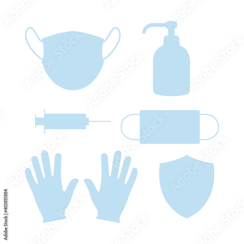 Personal protection equipment icon set. Medical symbol collection. Coronavirus prevention elements. Medical mask, latex gloves, dispenser, shield and syringe silhouettes. Vector medicine illustration
