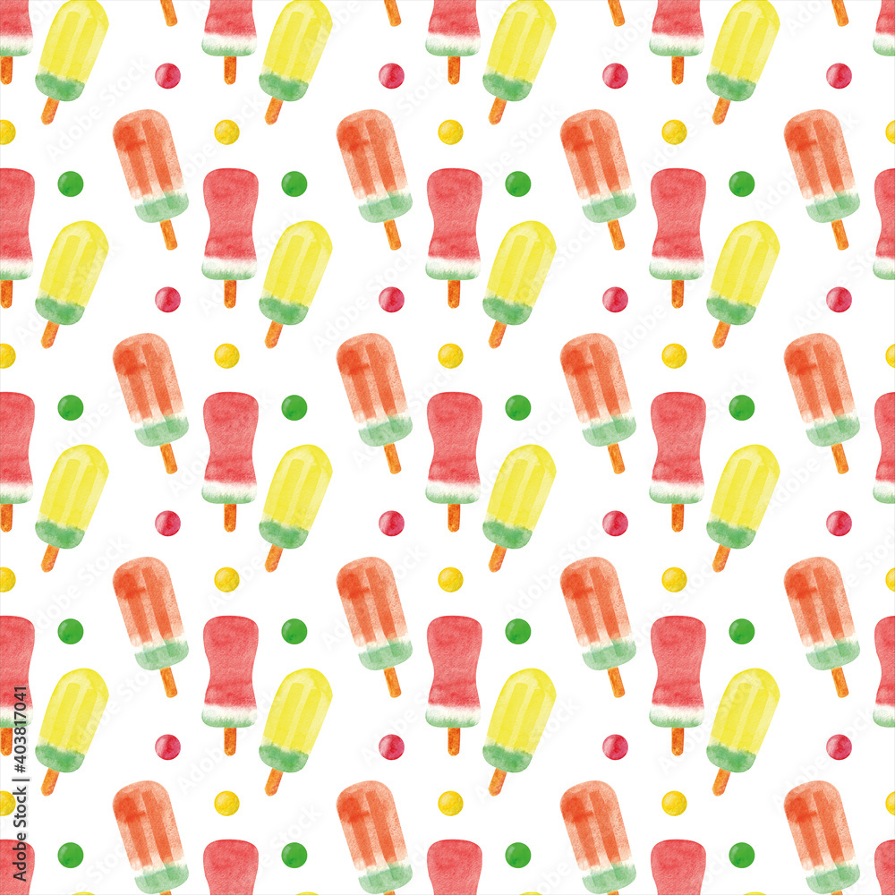 Hand drawn ice cream watercolor seamless pattern on white background with color balls, spheres. Hand drawn ice cream watercolor seamless pattern on white background with color balls, spheres.