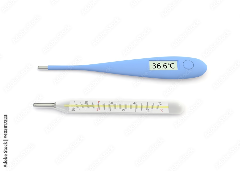 Digital and mercury thermometers show a temperature of 36.6 Celsius. 3D illustration Digital and mercury thermometers show a temperature of 36.6 Celsius. 3D illustration