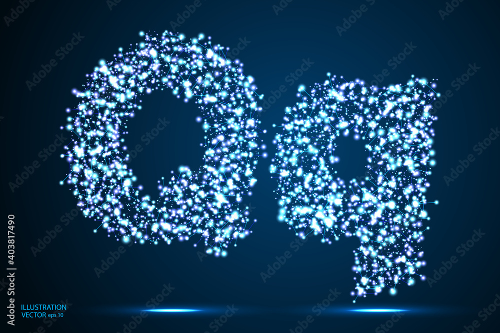 English letters abstract font consists 3d of triangles, lines, dots and connections. On a dark blue background cosmic universe stars, meteorites, galaxies. Vector illustration EPS 10.