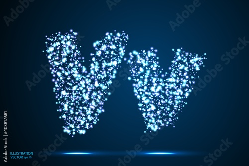 English letters abstract font consists 3d of triangles, lines, dots and connections. On a dark blue background cosmic universe stars, meteorites, galaxies. Vector illustration EPS 10.